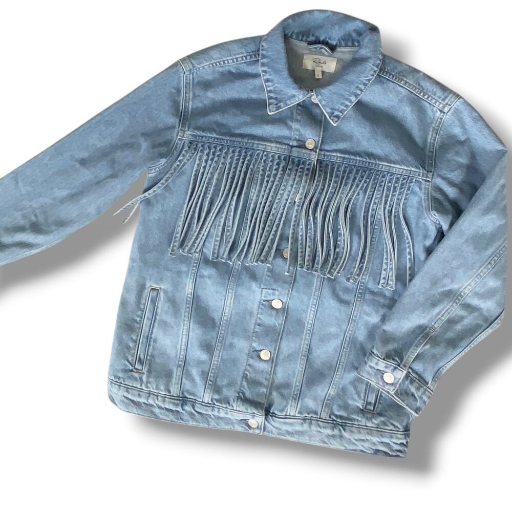 Rails Rodeo Fringe Trim Denim Jean Trucker Jacket Sz S Medium Wash Blue Western
